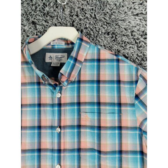 ORIGINAL PENGUIN Heritage Slim Plaid Button-Down Mens SZ XL Pastel Short Sleeve - Picture 3 of 8